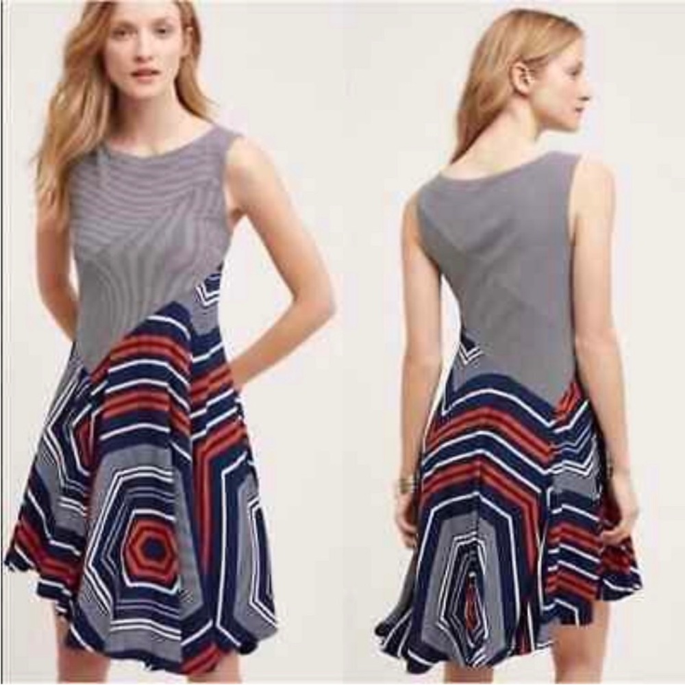 - Anthropologie Maeve Cameron Navy orange dress asymmetrical hi low sleeve…